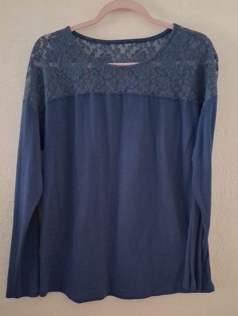 Blue Lace Yoke Long-Sleeve Top